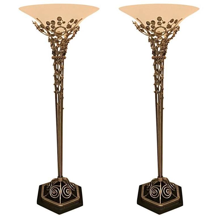 Pair of French Art Deco Floor Lamps With Marble Base Modernism